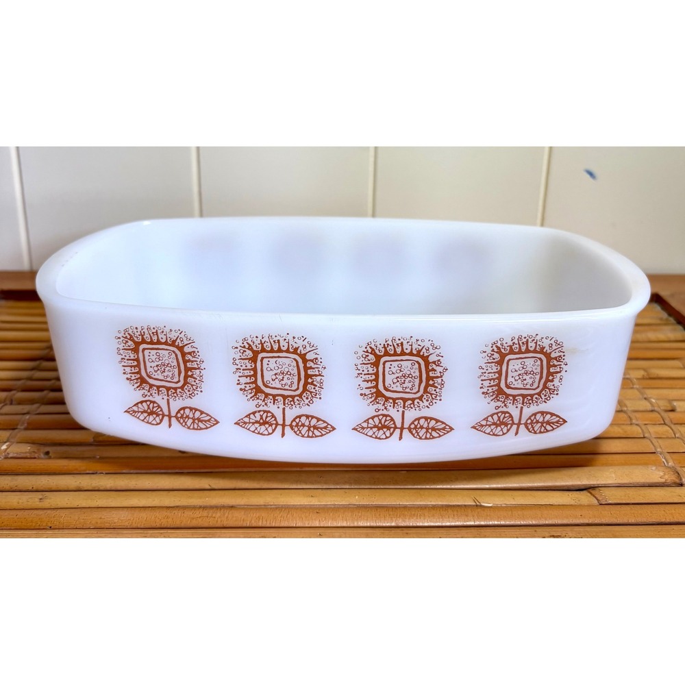Vintage Federal Glass Milk Glass Sunflower Loaf Pan Rectangular Baking Dish